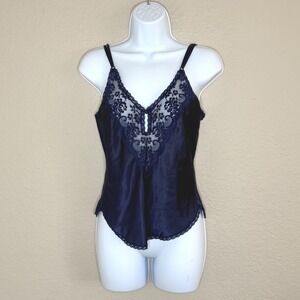Vintage Union Navy Lace Trim Satin Camisole Layer Dainty Feminine Boho‎ Romantic